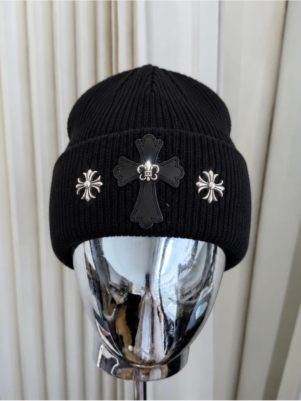 Chrome Hearts Black Beanie with Silver Cross Accents